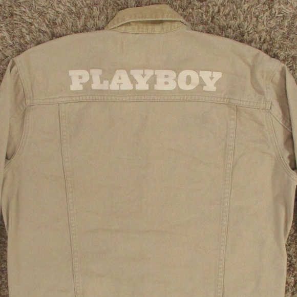 Playboy Jean Jacket Men's Large Beige Trucker Denim Corduroy Collar Button Front - Picture 4 of 9